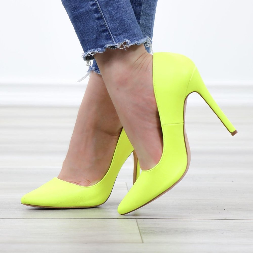 Neon Yellow Faux Leather Pointy Toe High Heels - Picture 8 of 14